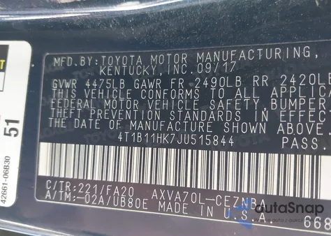 2018 Toyota Camry Le from USA, damaged, VIN 4T1B11HK7JU515844